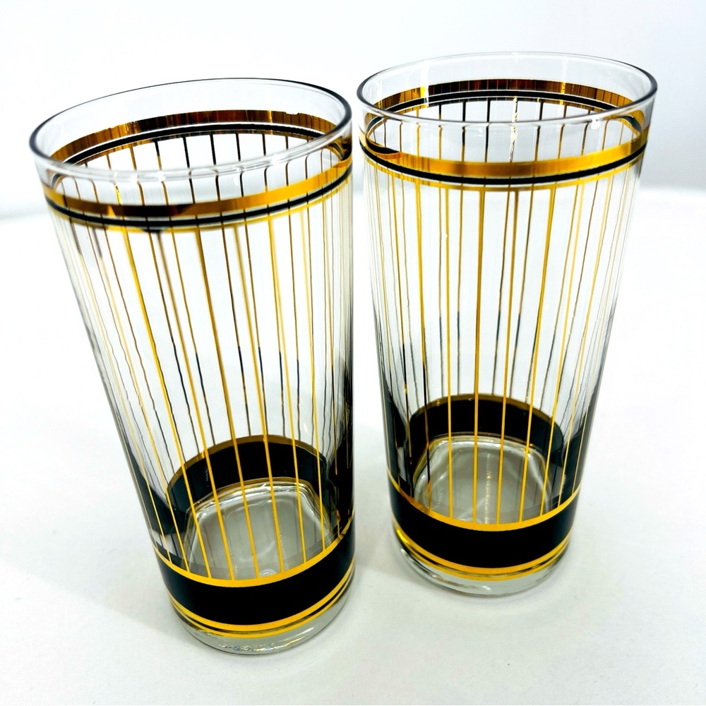 Set of 2 Vintage Culver Devon Black 22K Gold Highball Glasses 6” Barware EUC